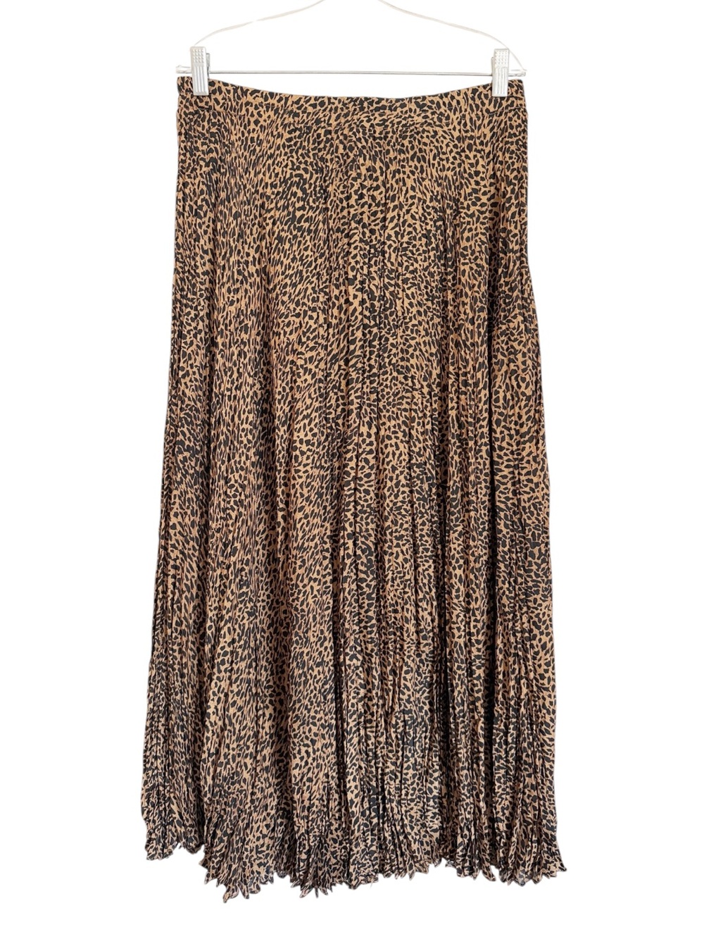 Vintage Brown Black Leopard Animal Print Silk Pleated Crinckle Midi Skirt size M
